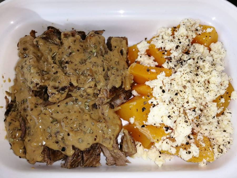 Steak with creamy pepper sauce, butternut and feta